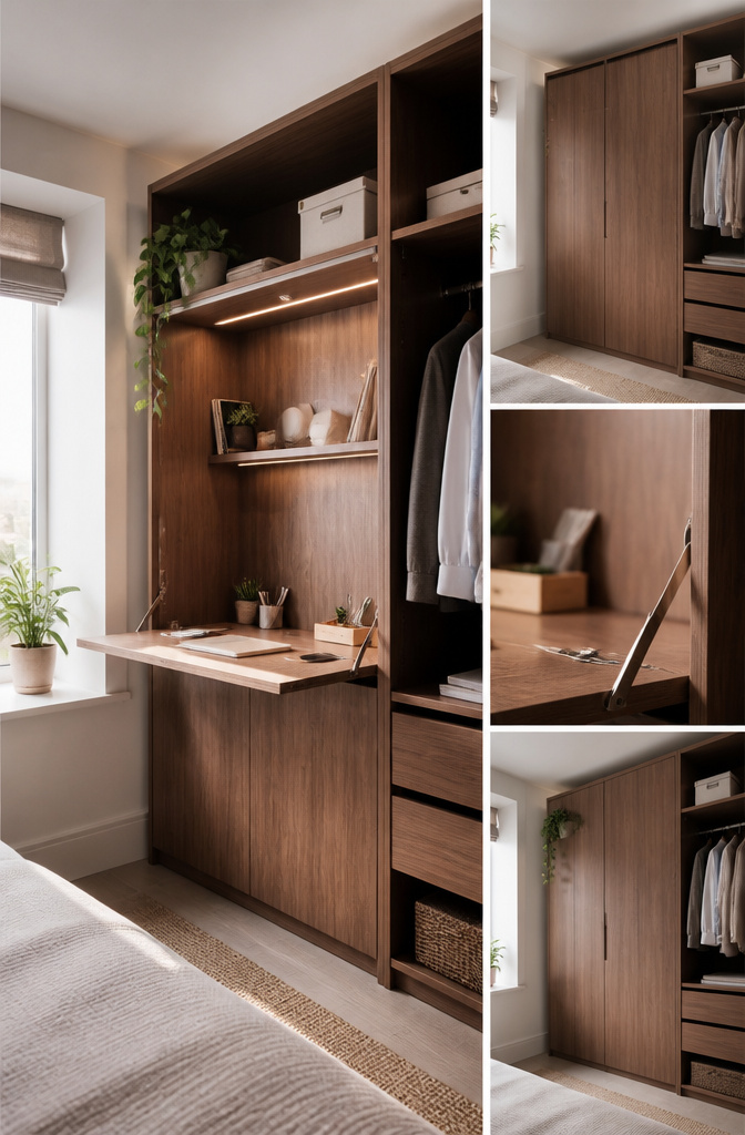 A wardrobe with a fold-down desk in a small bedroom.