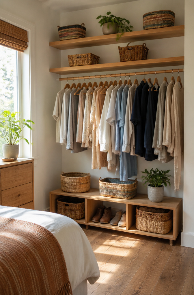 An open shelving and rail system displaying neatly hung garments.