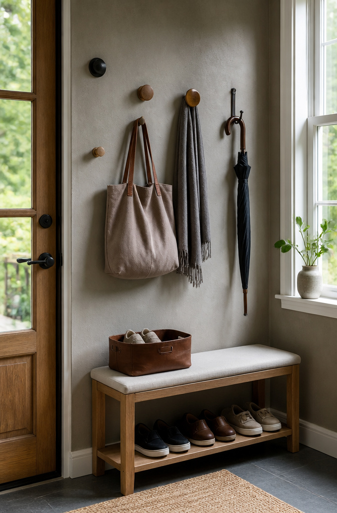 20 Small House Organization Ideas for a Tidier 2026 10 Hooks mounted on a wall for bags, scarves, and umbrellas.