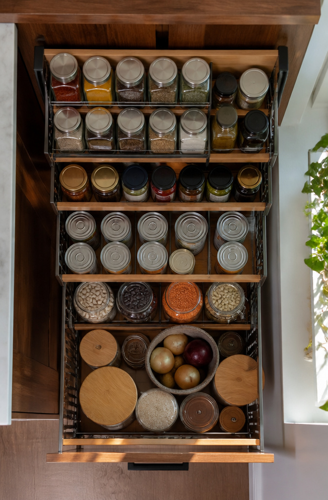 20 Small House Organization Ideas for a Tidier 2026 12 A cabinet with tiered organizers for food storage.
