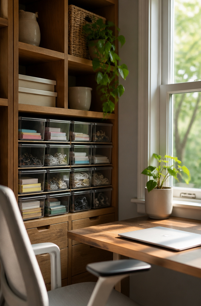 20 Small House Organization Ideas for a Tidier 2026 13 Clear bins with labels for organizing office supplies.