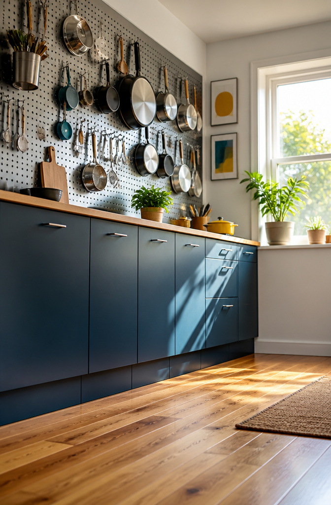 20 Small House Organization Ideas for a Tidier 2026 16 A metal pegboard mounted on a wall for kitchen storage.