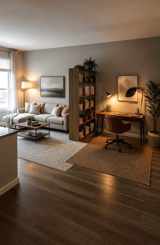 20 Small House Organization Ideas for a Tidier 2026 6 A living room area with a rug creating distinct zones.