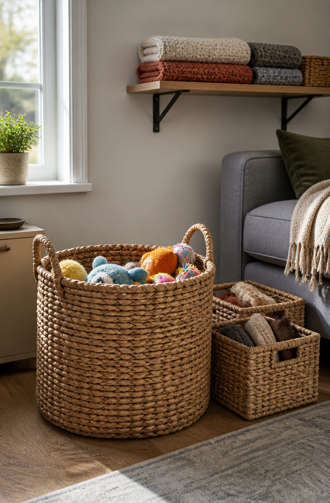 20 Small House Organization Ideas for a Tidier 2026 7 Various baskets and bins used for organizing items.