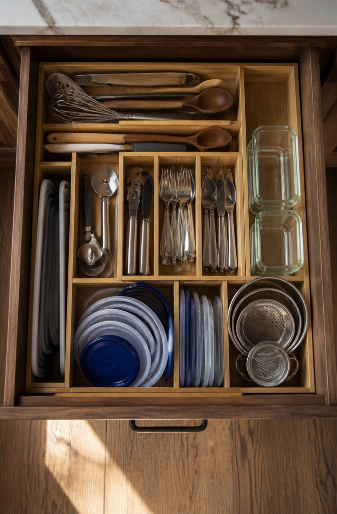 20 Small House Organization Ideas for a Tidier 2026 8 Kitchen drawer with adjustable dividers for storage.