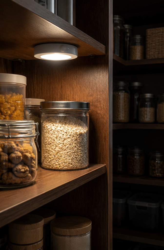 10 Small Pantry Ideas That Maximize Storage in Tight Kitchen Spaces 10 Rechargeable LED lights mounted inside a pantry.