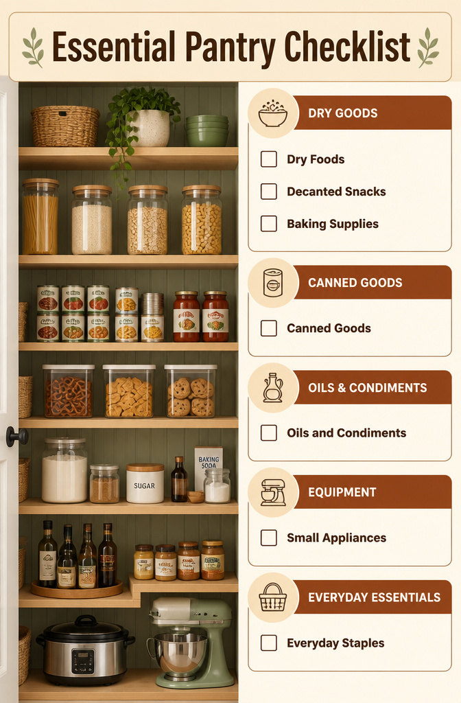 10 Small Pantry Ideas That Maximize Storage in Tight Kitchen Spaces 12 Checklist of items suitable for storage in a kitchen pantry.