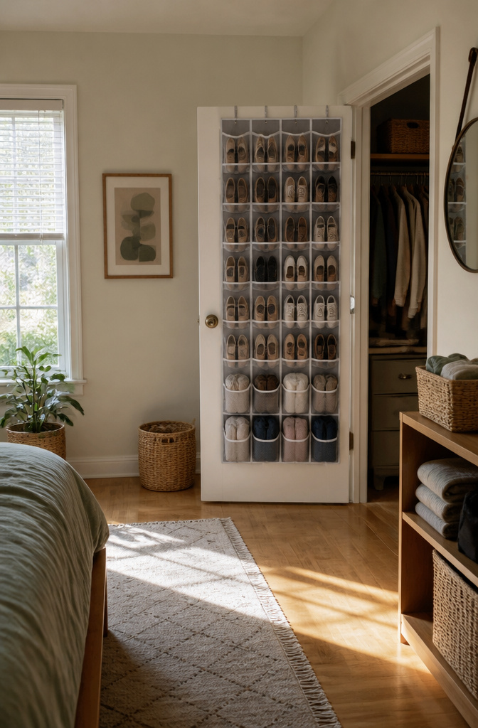 10 Storage Ideas for Small Spaces That Actually Work in 2026 1 A shoe organizer hangs on the back of a door, filled with shoes and clothing.