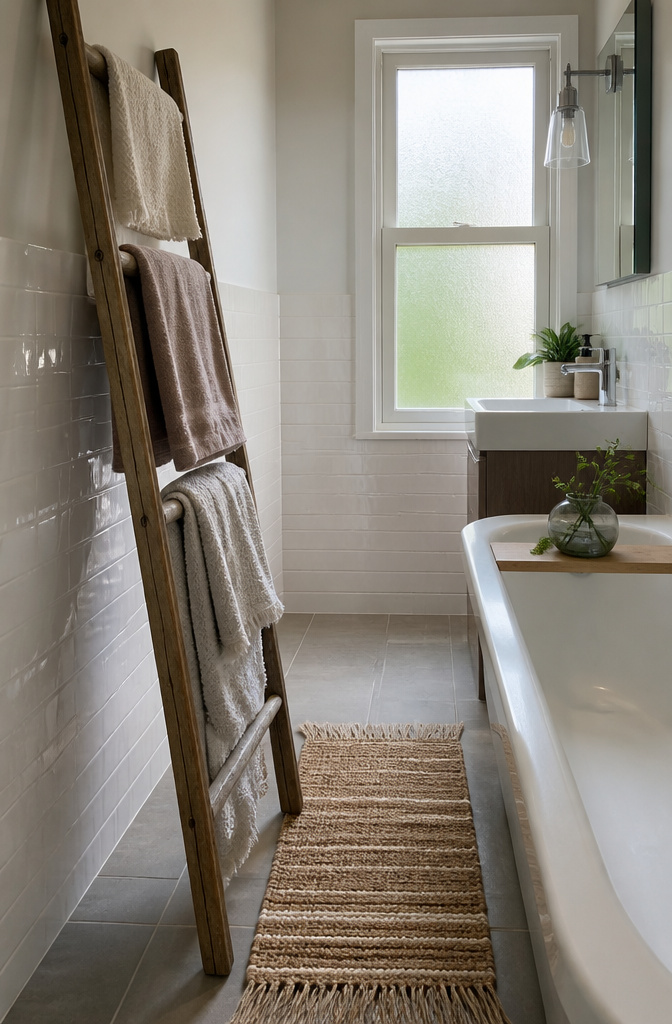 10 Storage Ideas for Small Spaces That Actually Work in 2026 5 A wooden ladder leaning against a wall, holding neatly draped towels.