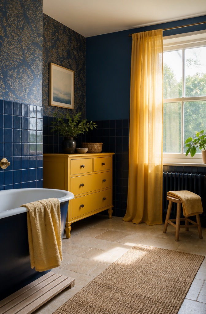 Bathroom with deep blue walls and yellow curtains, featuring a painted dresser.