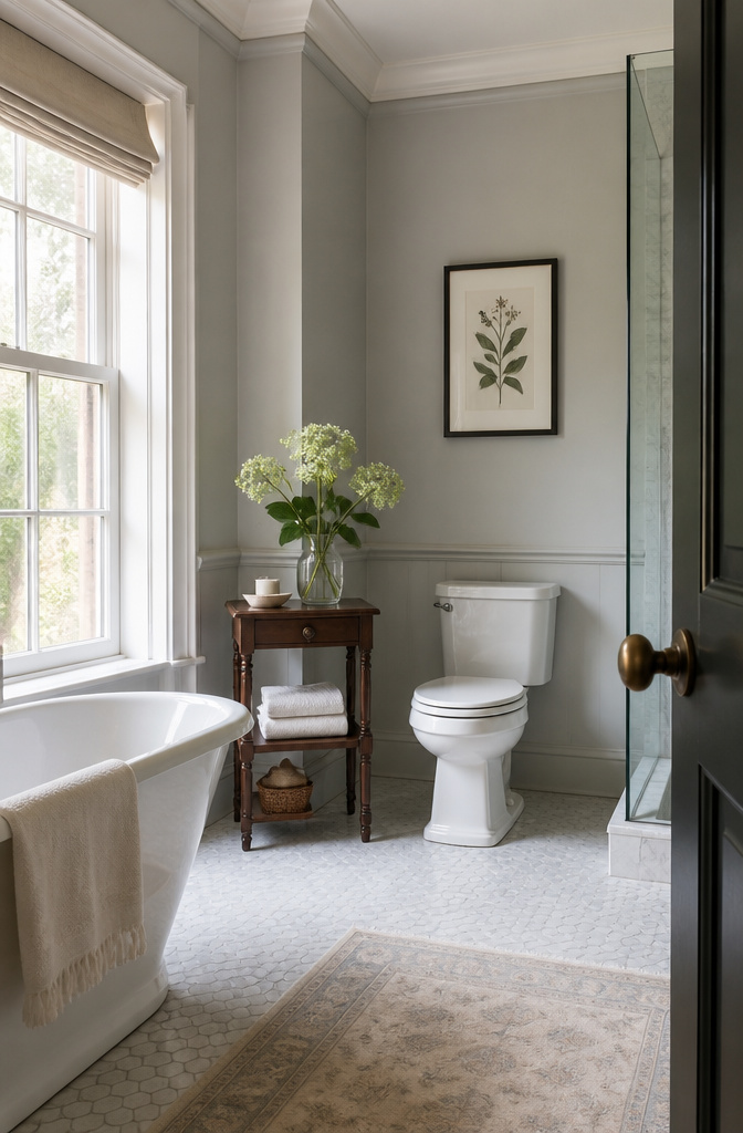 Chic bathroom with a side table and framed print above the toilet.
