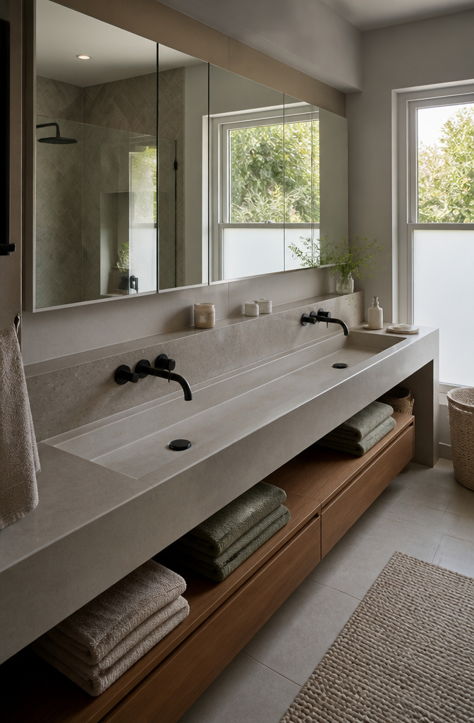 Bathroom featuring a long trough sink with dual drains.