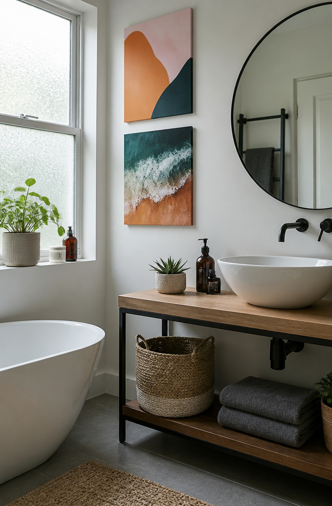 Bathroom displaying humidity-resistant metal prints and art.
