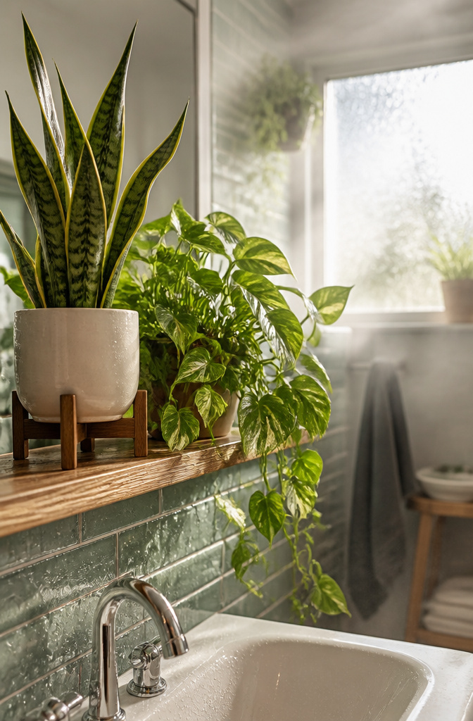 Bathroom featuring pothos and snake plants in a humid environment.