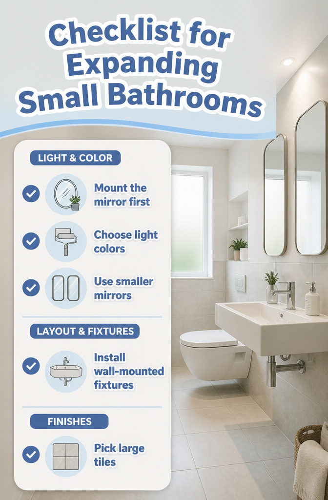 Checklist for expanding small bathrooms with wall-mounted fixtures.