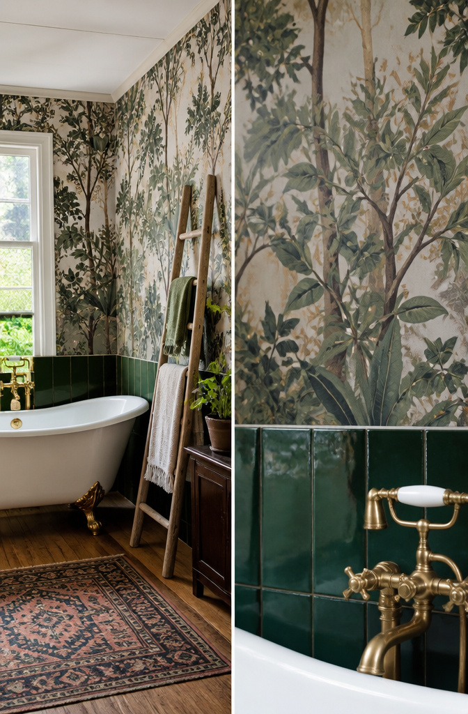 Bathroom with forest motif wallpaper, showcasing steam-resistant design.