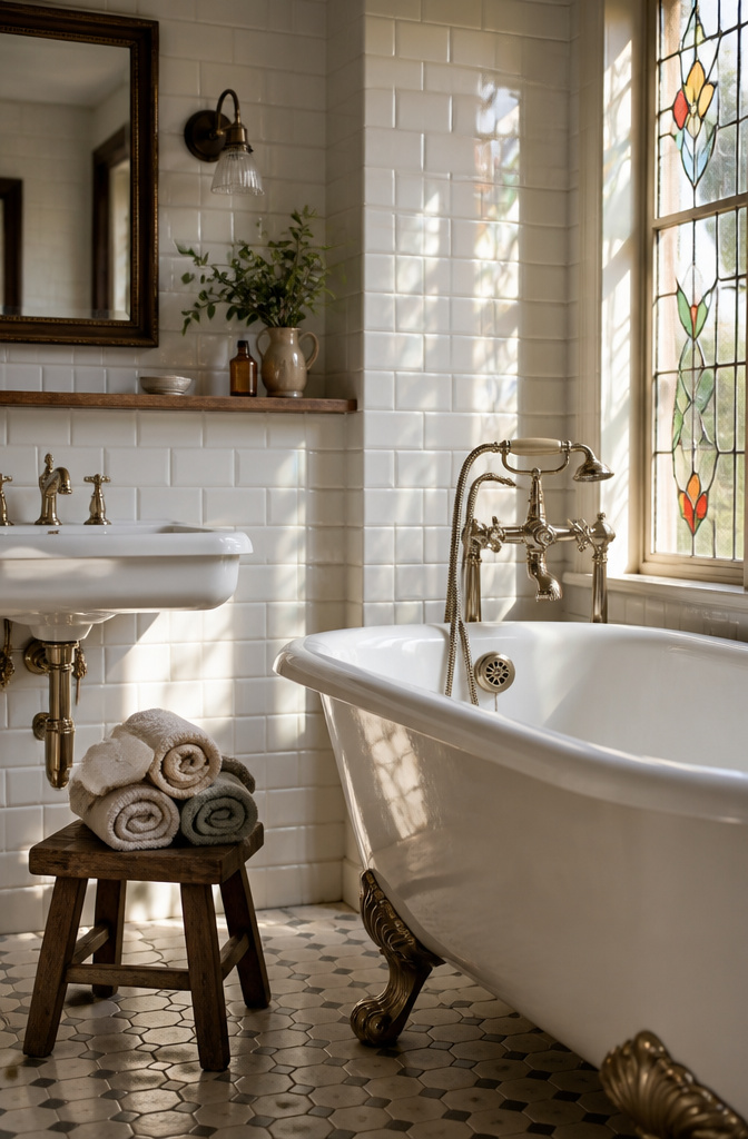Bathroom featuring vintage brass fixtures and original tile borders.