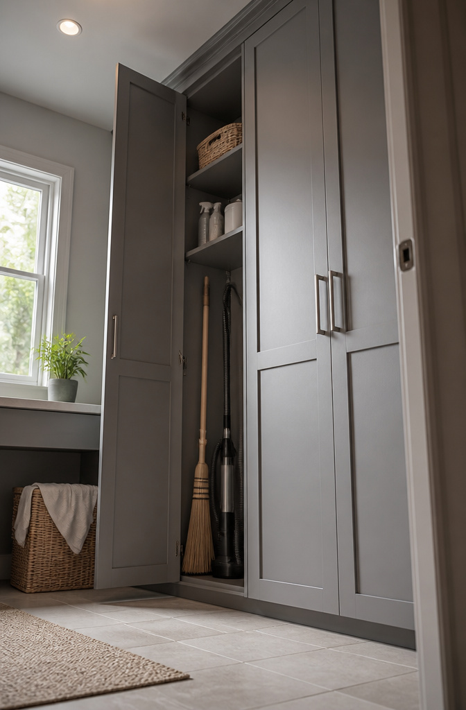 9 Utility Room Cabinet Ideas for Storage, Style and Budget in 2026 2 Tall utility cabinet with adjustable shelves for various cleaning supplies.