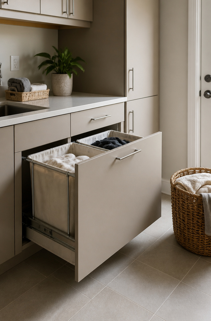 9 Utility Room Cabinet Ideas for Storage, Style and Budget in 2026 6 Cabinet with pull-out hampers for laundry sorting.