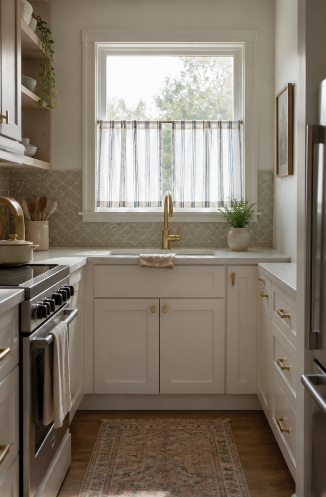 Mindra Striped Cotton Café Curtains with a blue stripe in a quaint kitchen.