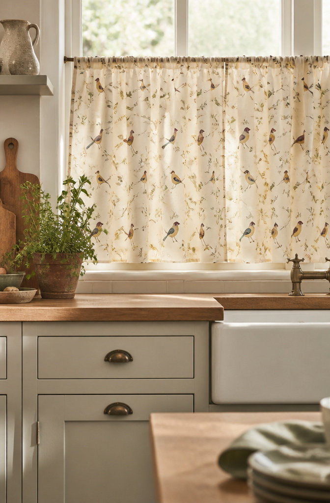 Priyanka Bird Print Café Curtains with bird patterns in a kitchen.