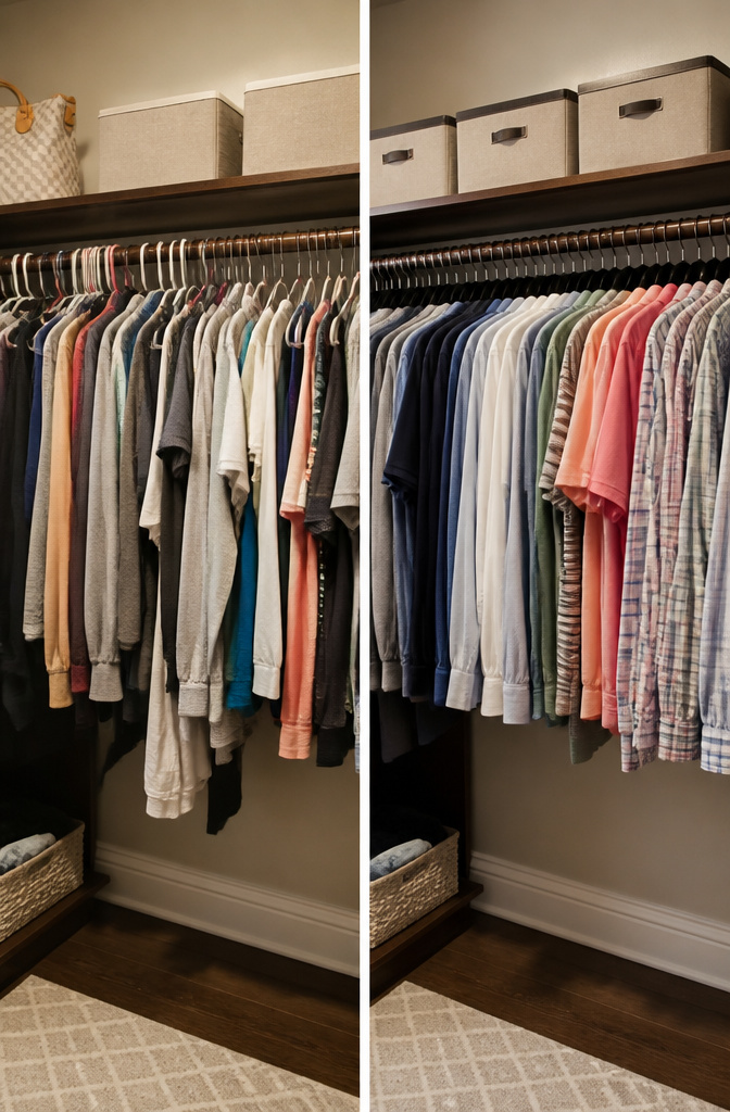Slimline velvet hangers on a closet rod holding shirts.