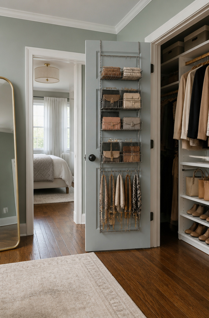 An organizer hung on the back of a closet door holding accessories.