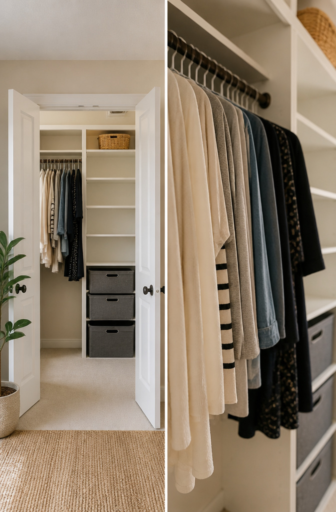 Closet with backward hangers indicating clothes not frequently worn.