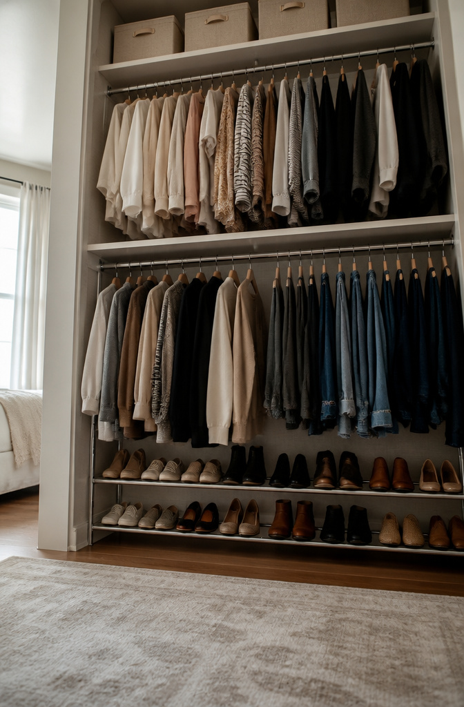 A high shelf installed in a closet for extra storage.
