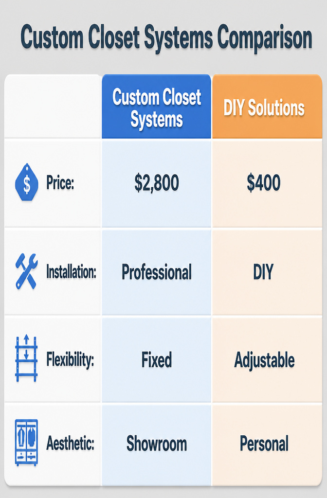 Comparison chart of custom closet systems with price and features.