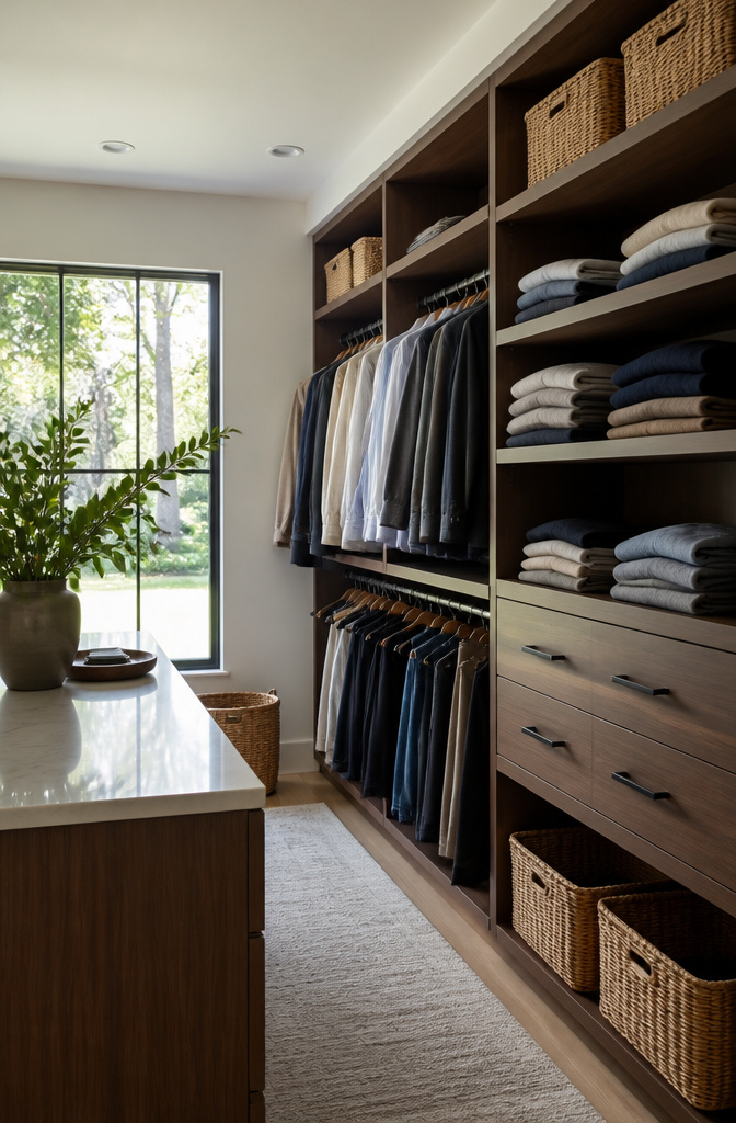An organized closet with labeled drawers and folded items.