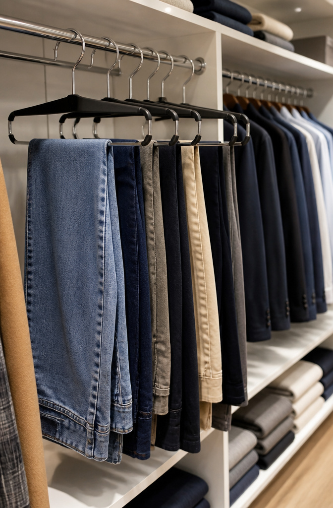 Open-ended pant hangers displaying neatly hung pants.