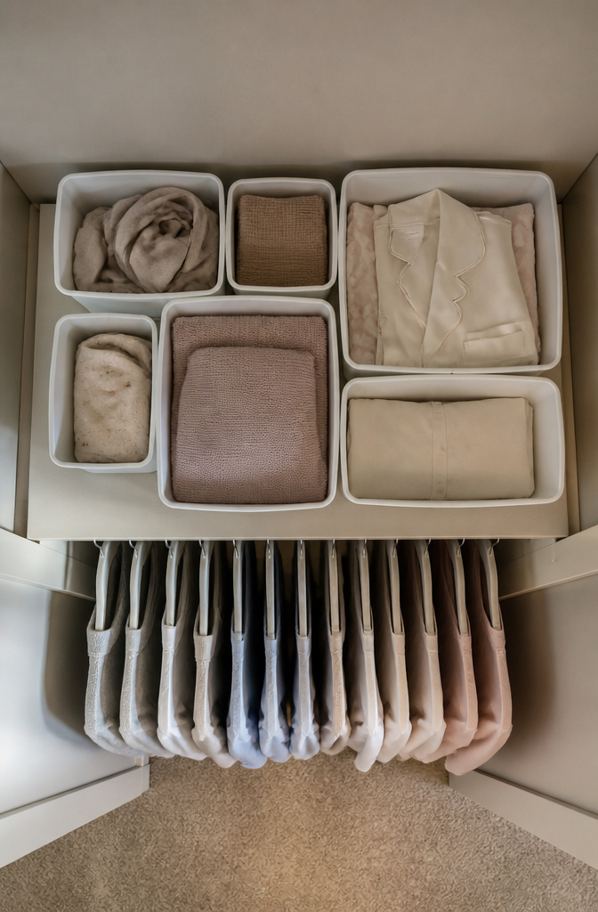 White storage bins of various sizes arranged on a shelf.