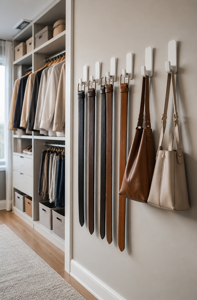 Simple wall hooks holding belts and bags in a closet.
