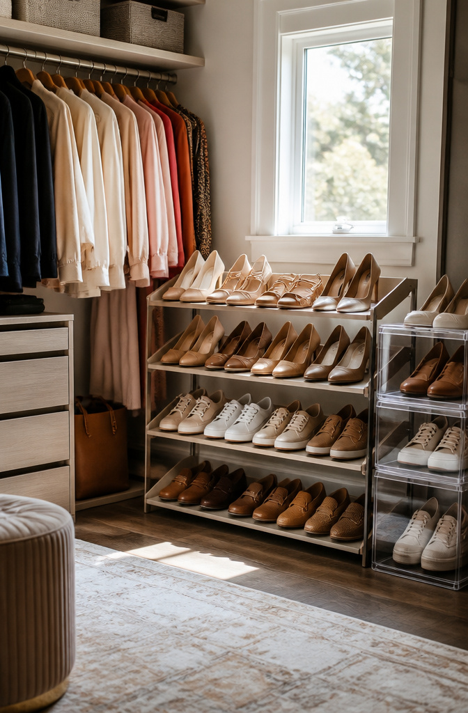 A tiered shoe rack showcasing different styles of shoes.