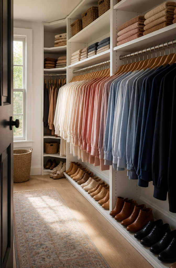 Clothes organized by color in a neatly arranged closet.