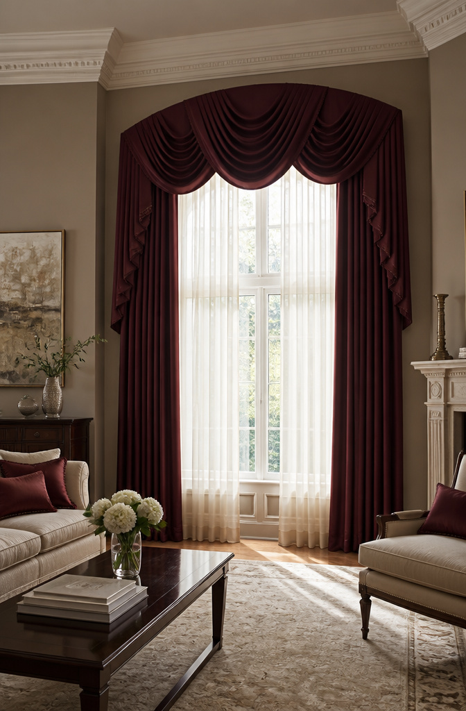 Burgundy swags with jabots hanging over a large window.