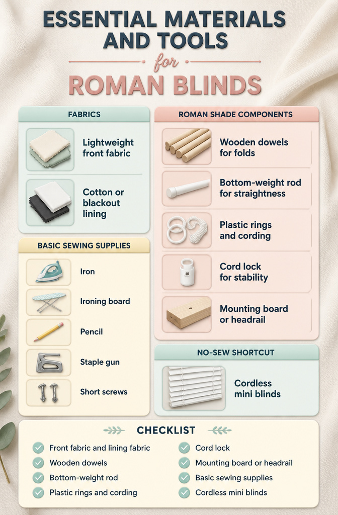 Collection of materials and tools needed for making Roman blinds.