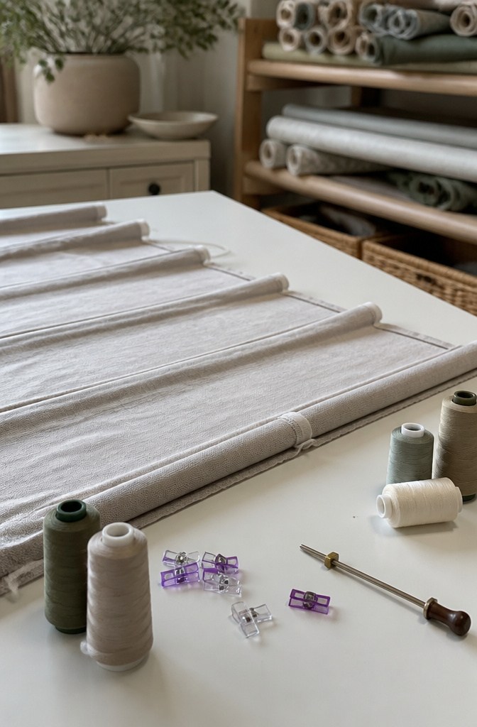 Close-up of dowel pockets sewn into fabric for a Roman blind.
