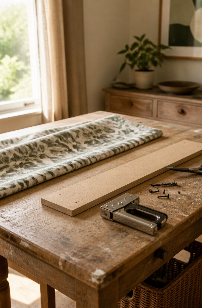 Crafting table with a cut headrail mounting board and tools.