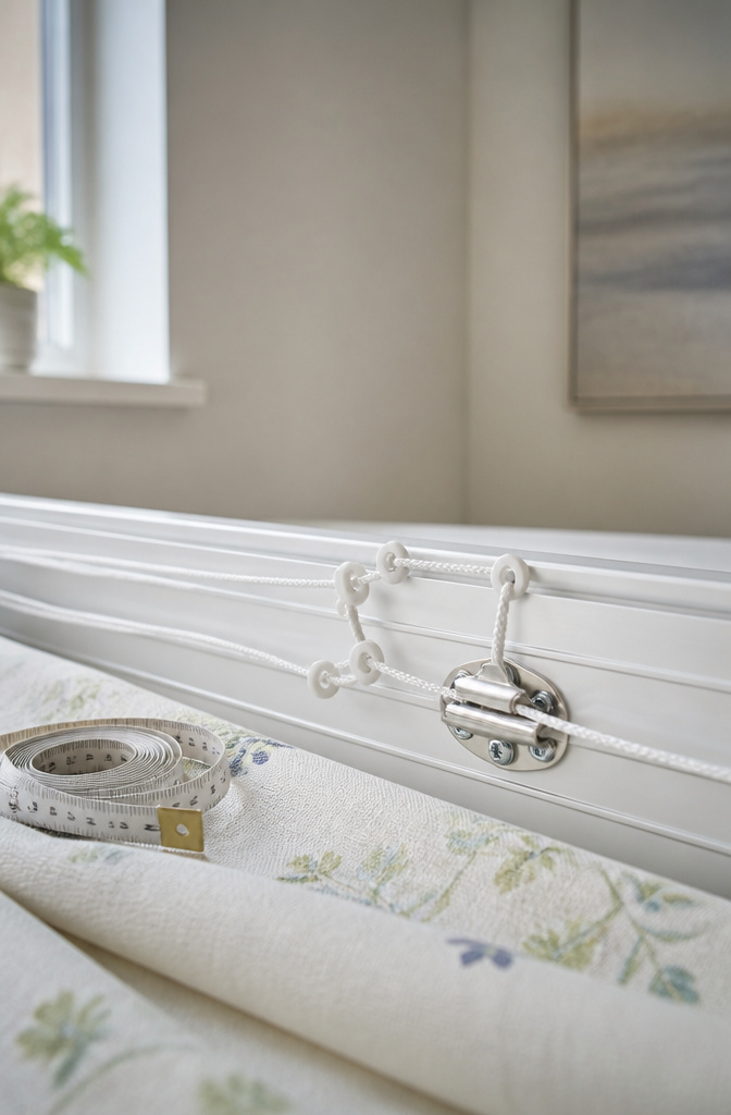 Close-up of a cord lock attached to the headrail of a Roman blind.