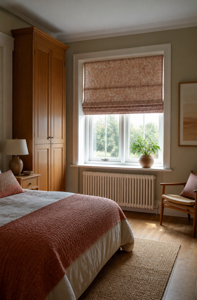 Roman blind being hung and tested for proper fold alignment.