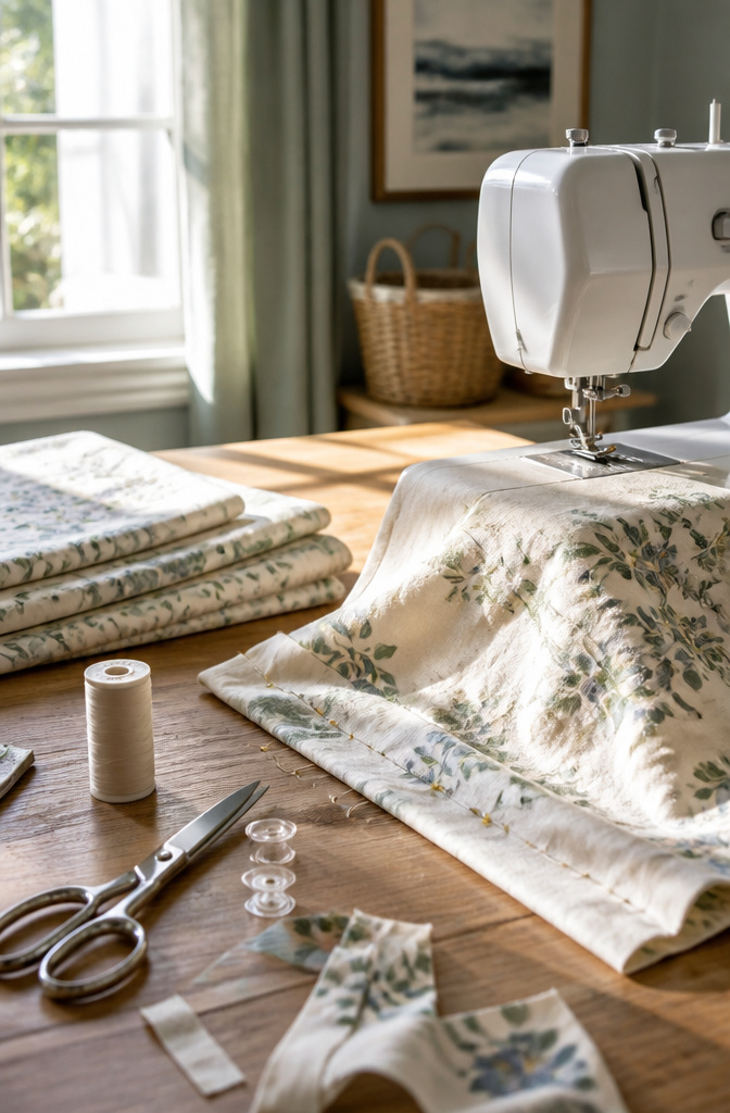 Sewing machine and fabric pieces organized for valance sewing.