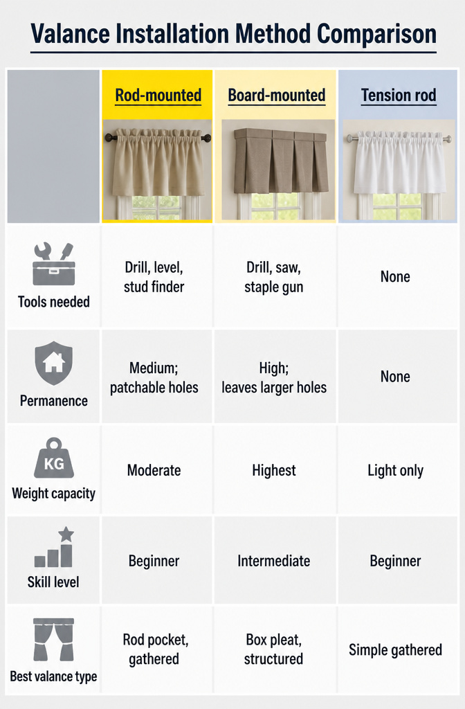 Chart comparing rod-mounted, board-mounted, and tension rod valances.