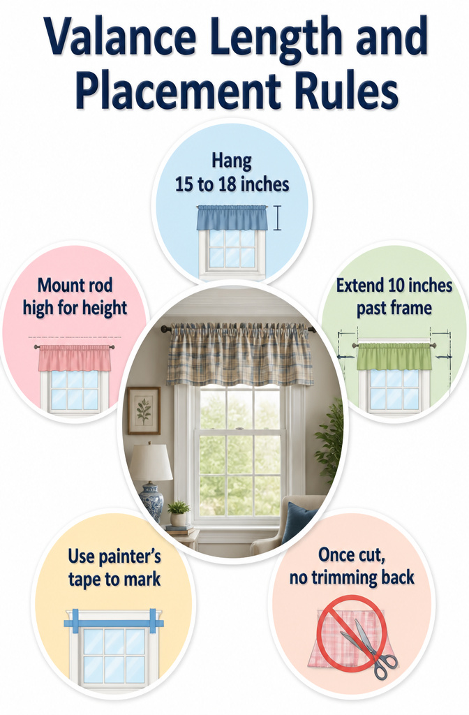Diagram showing recommended valance height and placement rules.