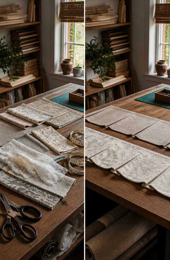 Different fabric types on a table for making a window valance.