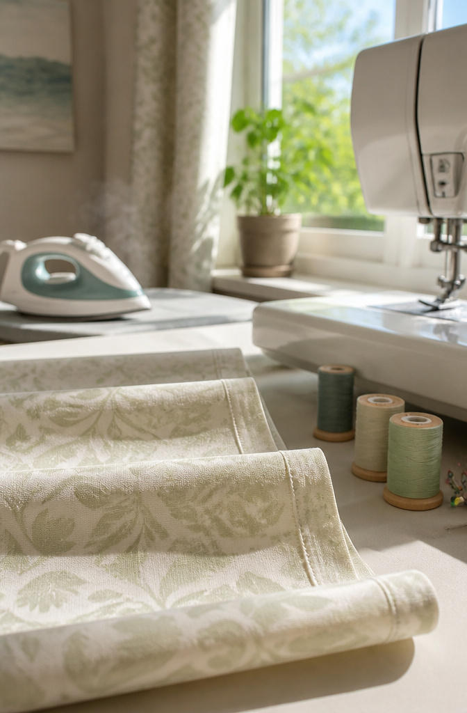 Finished edges of a fabric valance with sewing tools nearby.