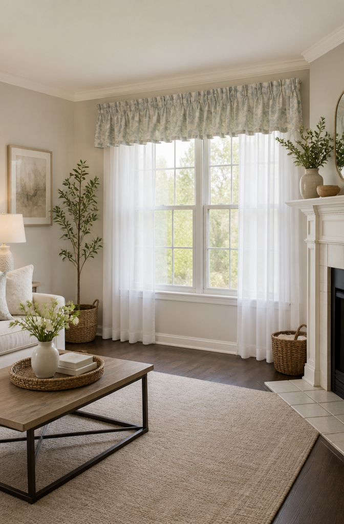 Board-mounted valance setup with brackets for hanging.