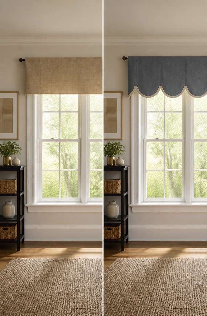 Straight panel fabric valance with a scalloped edge design.