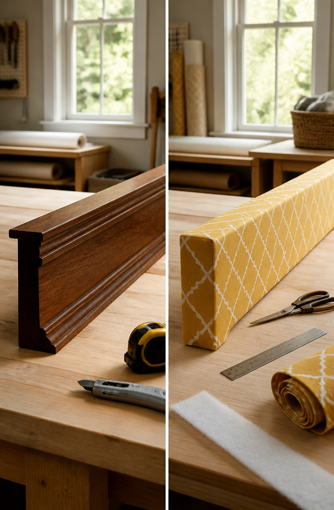 Wooden cornice and foam insulation board for valance alternatives.